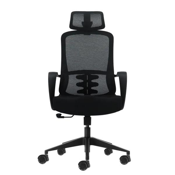 Oqonos Cherg 004 Silla de Oficina Ergonomica con Reposacabezas Cervical Ajustable, Respaldo de Malla Transpirable, Piston de Gas Clase 4, Soporte Lumbar, Reposabrazos Fijos, Asiento Ergonomico Moldeado y Ruedas de Silicona - Negro