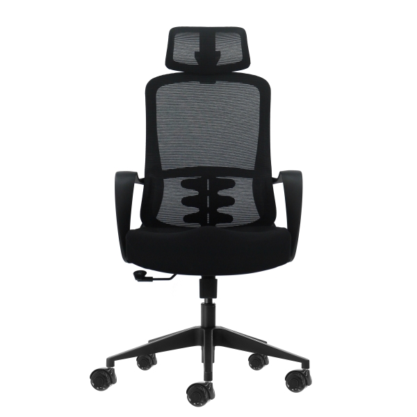 Oqonos Cherg 004 Silla de Oficina Ergonomica con Reposacabezas Cervical Ajustable, Respaldo de Malla Transpirable, Piston de Gas Clase 4, Soporte Lumbar, Reposabrazos Fijos, Asiento Ergonomico Moldeado y Ruedas de Silicona - Negro