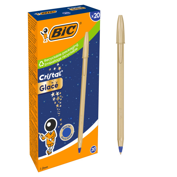 Bic Cristal Glace Boligrafo de Bola - Cuerpo Opaco en Color Oro Mate - Punta Redonda de 1mm - Trazo 0.4mm - Tinta con Base de Aceite - Color de la Tinta Azul · Pack de 20 uds.
