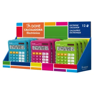 Dohe Expositor de 12 Calculadoras - Alimentacion Solar y a Pilas - 12 Digitos - Teclas de Memoria - Colores Surtidos · Pack de 12 uds.