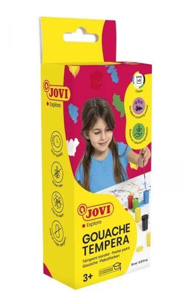 Jovi Gouache Tempera Estuche de 6 Botes 15ml + Pincel - Mezclables - para Papel, Cartulina, Madera, Tela, Pasta de Modelar o Fango - Color Surtido