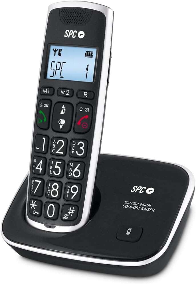 SPC Telefono Fijo Inalambrico para Mayores - Teclas y Numeros Extragrandes - Volumen de Auricular Amplificado - Agenda y 2 Memorias Directas - Identificador de Llamadas y Manos Libres - Pila