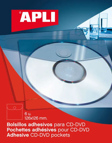 Apli Bolsillos Adhesivos para Cd/Dvd con Solapa de Cierre - Tamaño 126 x 126mm - Ideal para Presentaciones Impresas y Archivadores - Contiene 6 Bolsillos