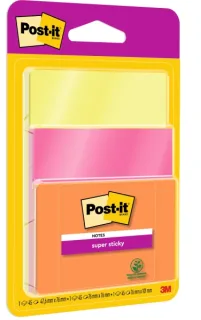 Post-It Super Sticky Pack de 3 Blocs de 45 Notas Adhesivas Reposicionables - Forma Cuadrada - Colores Surtidos