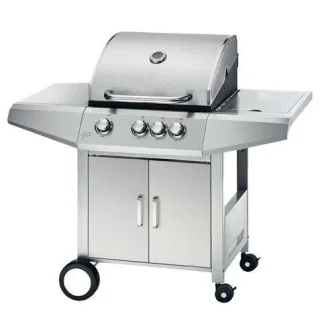 Muvip Barbacoa Gas Inox 4 Fuegos - Estructura de Acero Inoxidable - 3 Fuegos Centrales + 1 Fuego Lateral - 2 Rejillas Esmaltadas - Bandeja Lateral - Asa Tacto Frio - Ruedas de Transporte - C