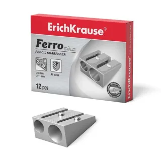 Erichkrause Ferro Plus - Sacapuntas Doble de Aluminio - Agarre Ergonomico - Dos Agujeros de 8mm y 11mm - Cuchilla de Acero al Carbono en Forma de Espiral - Color Plata · Pack de 12 uds.