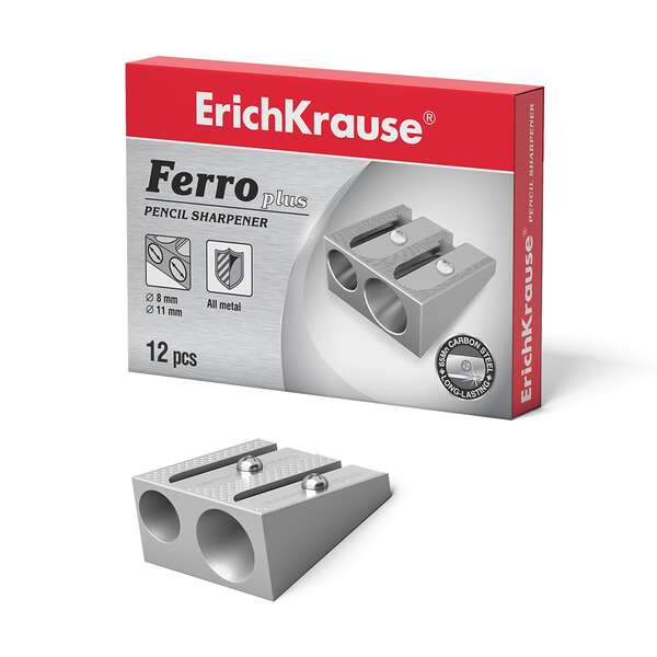 Erichkrause Ferro Plus - Sacapuntas Doble de Aluminio - Agarre Ergonomico - Dos Agujeros de 8mm y 11mm - Cuchilla de Acero al Carbono en Forma de Espiral - Color Plata · Pack de 12 uds.