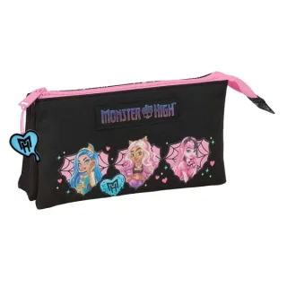 Safta Monster High Portatodo - 3 Compartimentos con Cremalleras - Bolsillo Interior - 0.60L - 220x30x120mm - Color Negro