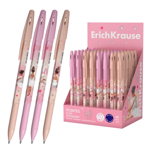 ErichKrause R-301 Stick and Grip Pointes Expositor con 48 Boligrafos con Capuchon - Modelos Surtidos - Trazo 0.35mm - Zona de Agarre de Goma - Tinta de Secado Rapido - Tapa Ventilada - Color Azul