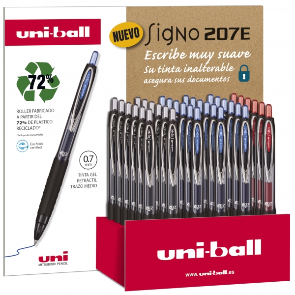 Uni-ball Signo 207E Expositor de 36 Boligrafos de Tinta Gel - Punta de Bola 0.7mm - Grip de Caucho Antifatiga - Tinta a Prueba de Manipulaciones - Colores Surtidos