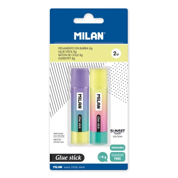 Milan Sunset Pack de 2 Barras de Pegamento 8g - Multiusos - Multisuperficies - Sin Disolventes - Uso Escolar - Color Azul Marino