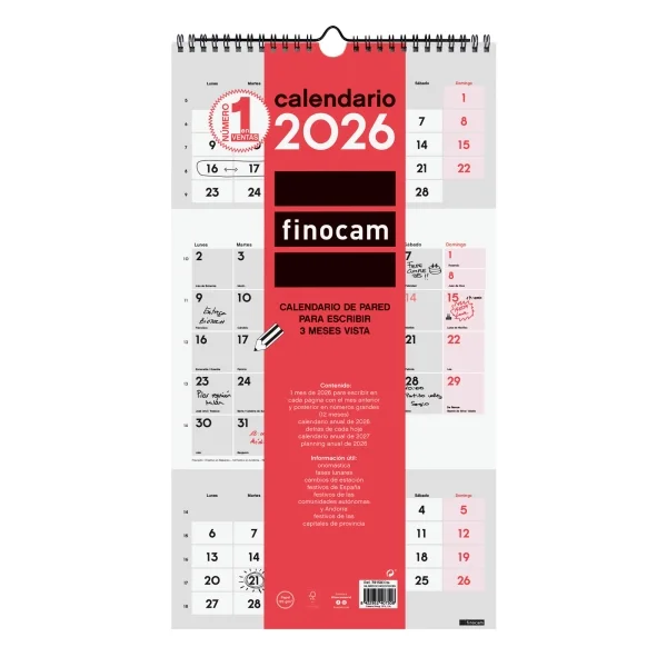 Finocam Calendario de Pared - Anual 2026 - Espacio para Escribir - 236x8x440mm - 3 Meses Vista - Color Blanco y Rojo