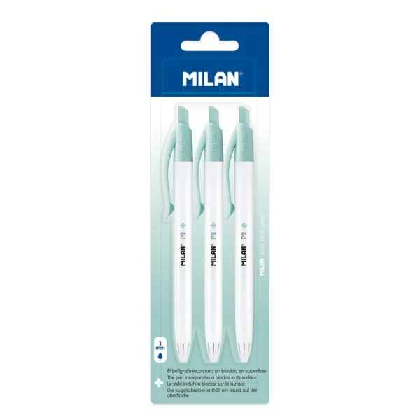 Milan P1 + Pack de 3 Boligrafos de Bola Retractiles - Tinta Azul - Punta Redonda 1mm - Superficie Antibacteriana - Color Blanco