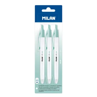 Milan P1 + Pack de 3 Boligrafos de Bola Retractiles - Tinta Azul - Punta Redonda 1mm - Superficie Antibacteriana - Color Blanco