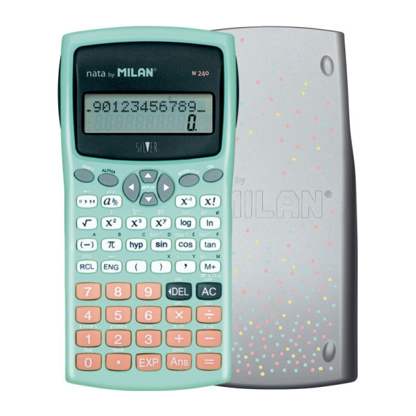 Milan M240 Silver Calculadora Cientifica 10+2 Digitos - Pantalla de 2 Lineas - 240 Funciones Integradas Incluyendo 124 Cientificas - Carcasa Protectora - Color Turquesa