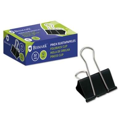 Bismark Pack de 12 Pinzas Sujetapapeles Metalica de 32mm - Pala Abatible - Color Negro