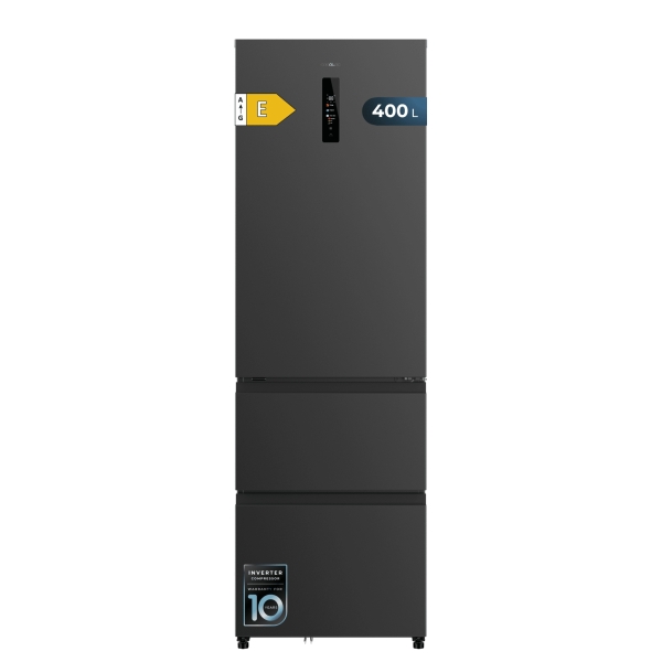 Cecotec Bolero CoolMarket Combi FD 400 Dark E Frigorifico Puerta Francesa - 400L - Luz LED - Compresor Inverter - Acero Inoxidable - Total Nofrost - Frio Envolvente - 60x64x191cm - Color Gri