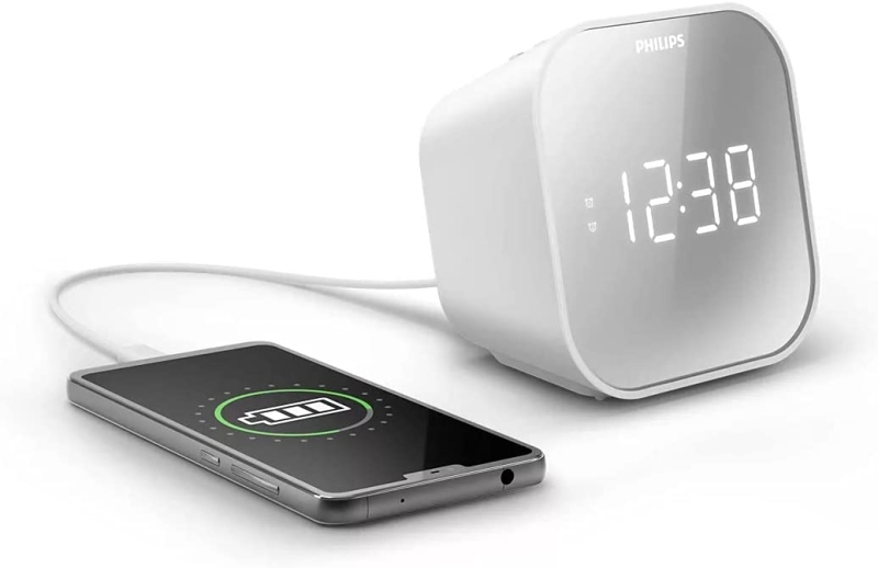 Philips Radio Reloj Despertador FM con Cargador USB - Pantalla LED con Acabado Espejo - Temporizador - Funcion de Repeticion - 11x11x7.5cm - Color Blanco