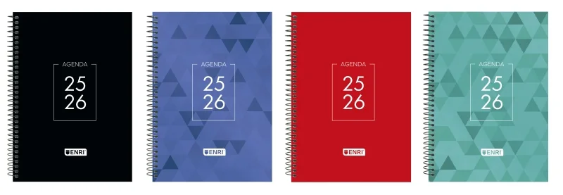 Enri Dentity Agenda Escolar 25/26 Espiral Semana Vista - Tamaño 4º - Tapa Extradura - Esquinas Microperforadas - Espacio para Notas - Colores Surtidos · Pack de 4 uds.