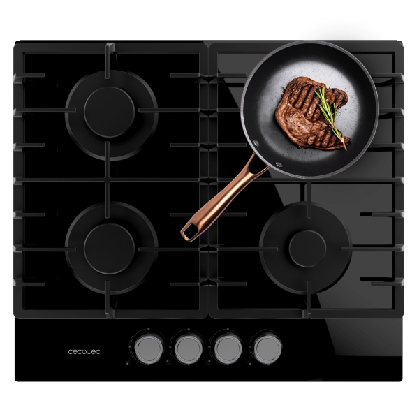 Cecotec Bolero Squad G 4200F Glass Black Cocina de Gas Encastrable - 4 Quemadores - Acabado en Cristal Negro - 8kW - Parrillas de Hierro Fundido - Inyector Convertor a Glp - Color Negro