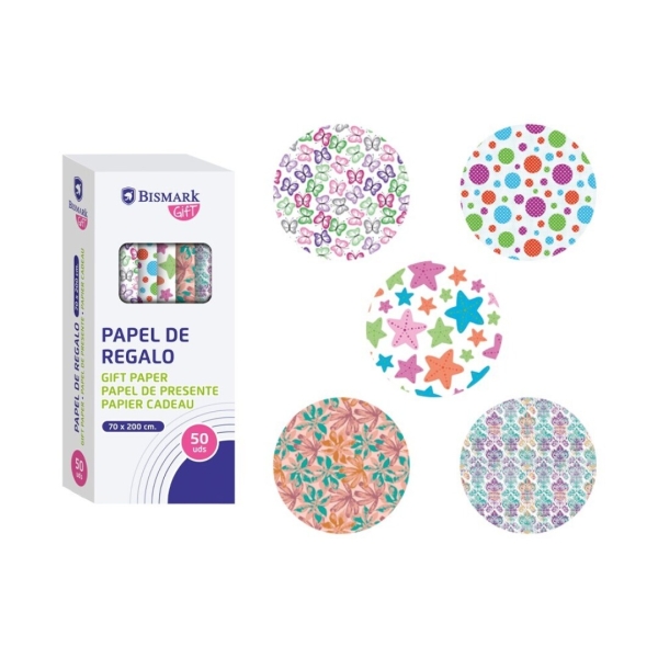 Bismark Momentos Especiales Rollo de Papel Regalo - Medidas 70cmx200cm - 5 Diseños Diferentes · Pack de 50 uds.