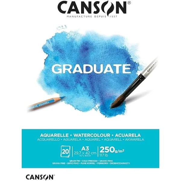 Canson Graduate Acuarela Bloc Encolado de 20 Hojas A3 - 250g - Grano Fino - Color Blanco