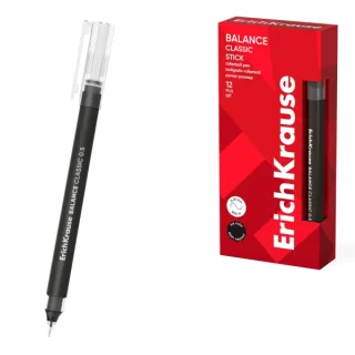 ErichKrause Balance Stick Classic Boligrafo con Capuchon - Punta de 0.5mm - Trazo 0.35mm - Tinta Libre con Regulador de Alimentacion - Color Negro · Pack de 12 uds.