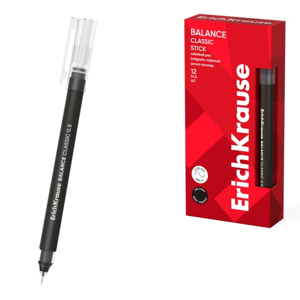 ErichKrause Balance Stick Classic Boligrafo con Capuchon - Punta de 0.5mm - Trazo 0.35mm - Tinta Libre con Regulador de Alimentacion - Color Negro · Pack de 12 uds.