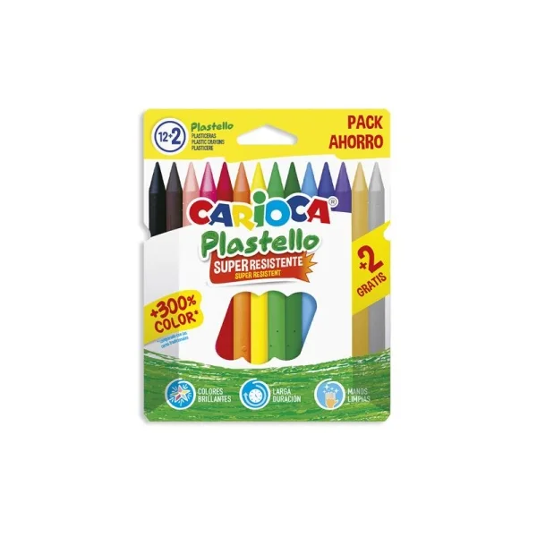Carioca Plastello Pack de 12+2 Plasticeras - Extra Limpias - No Dejan Color en las Manos - Faciles de Afilar - Colores Surtidos Brillantes y Lavables