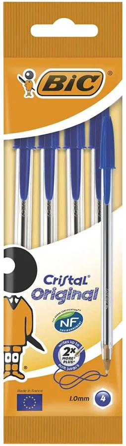 Bic Cristal Original Pack de 4 Boligrafos de Bola - Punta Redonda de 1.0mm - Trazo 0.4mm - Tinta con Base de Aceite - Color Azul