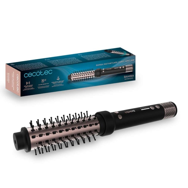 Cecotec Bamba InstantCare Curly AirFlow Cepillo Alisador 2 en 1 - 150W - Cilindro Ceramico de 30mm - Cabezal Giratorio - Cable 360º de 1.9m - 2 Ajustes de Temperatura - Color Negro