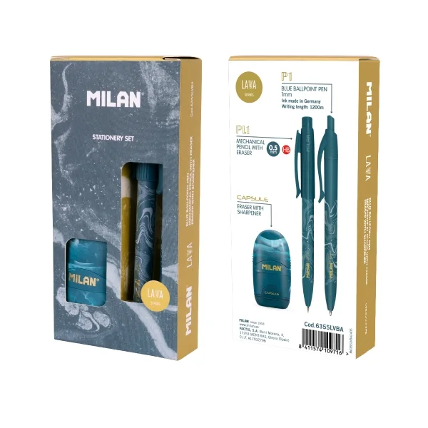 Milan Lava Pack de Boligrafo + Portaminas 0.5mm + Afilaborra - Caja de Regalo - Color Azul