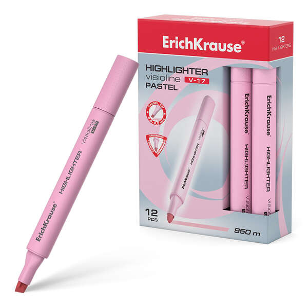 Erichkrause Visioline V-17 Pastel Marcador Fluorescente - Punta Biselada - Trazo de 0.6 a 4.5mm - Tinta a Base de Agua - Color Rosa Pastel · Pack de 12 uds.