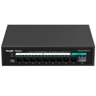 Ruijie RG-ES110GS-P-L Switch - 8 Puertos Ethernet hasta 1Gbps - Puerto Ethernet Uplink - Puerto SFP Uplink - PoE/PoE+ hasta 120W - Carcasa de Acero - Color Negro