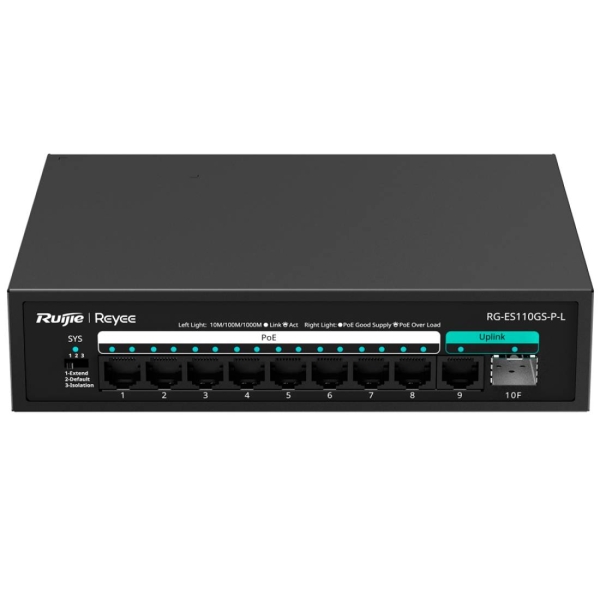 Ruijie RG-ES110GS-P-L Switch - 8 Puertos Ethernet hasta 1Gbps - Puerto Ethernet Uplink - Puerto SFP Uplink - PoE/PoE+ hasta 120W - Carcasa de Acero - Color Negro