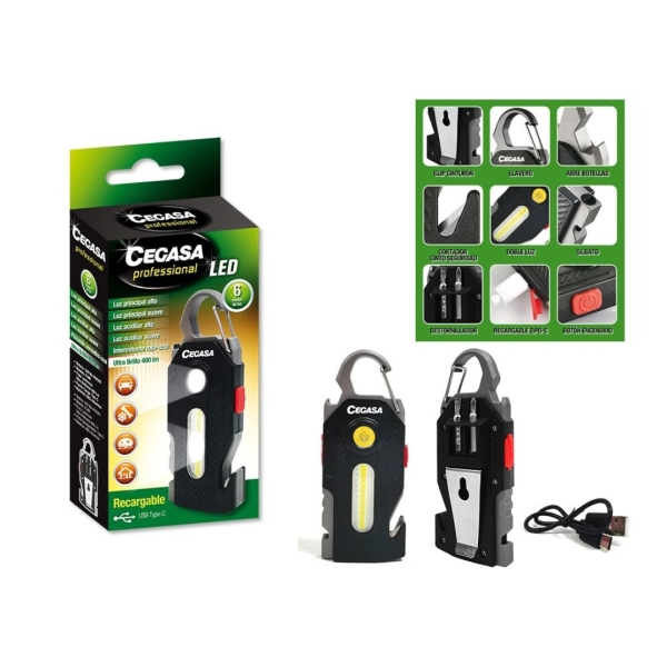 Cegasa Profesional Linterna Supervivencia COB+1 LED hasta 400lm - Autonomia hasta 1.5h - Bateria 300mAh USB-C - Color Negro