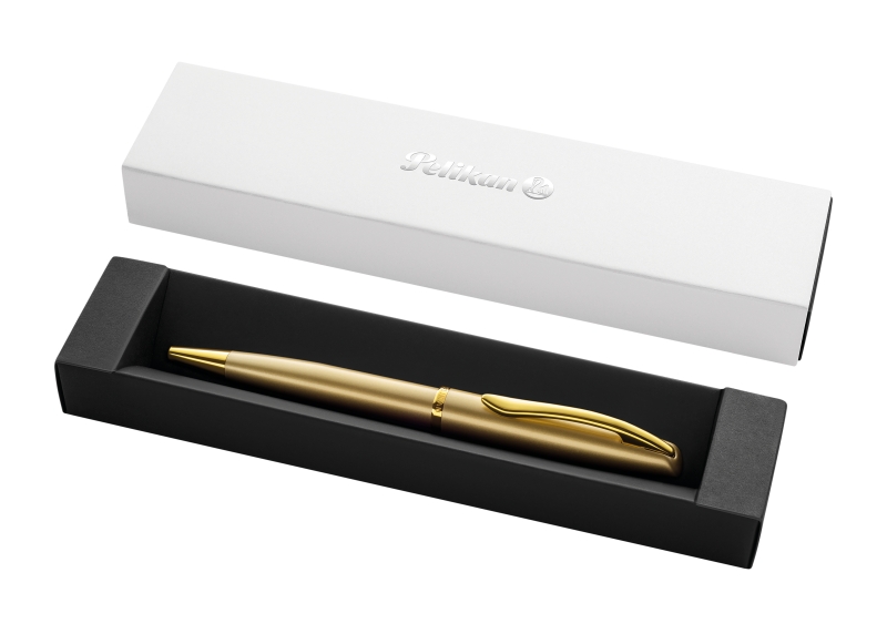 Pelikan Jazz Noble Boligrafo Retractil - Trazo de 1mm - Mecanismo de Giro - Recambio 337M Azul - Estuche de Regalo - Detalles Cromados - Color Oro
