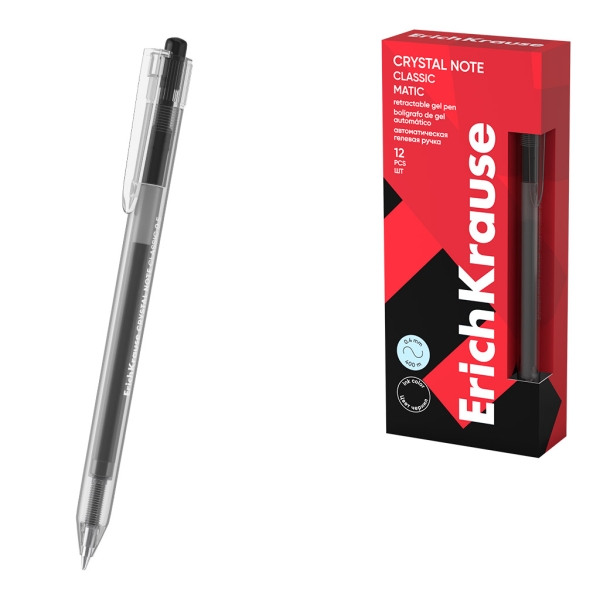 ErichKrause Crystal Note Matic Classic Boligrafo Retractil - Punta de 0.5mm - Trazo 0.4mm - Color Negro · Pack de 12 uds.