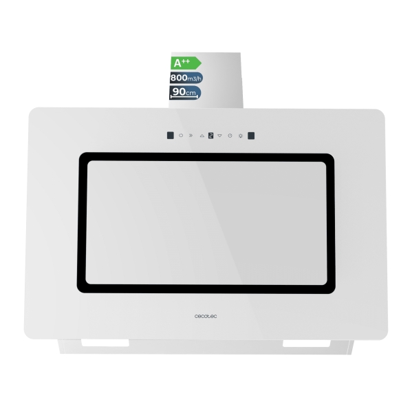 Cecotec Bolero Flux DT 908002 Glass White A++ Campana Extractora de 90cm - 210W - Succion 800m3/h - Luz LED - Pantalla LED - Incluye Accesorios - Filtros de Carbono Incluidos - Color Blanco