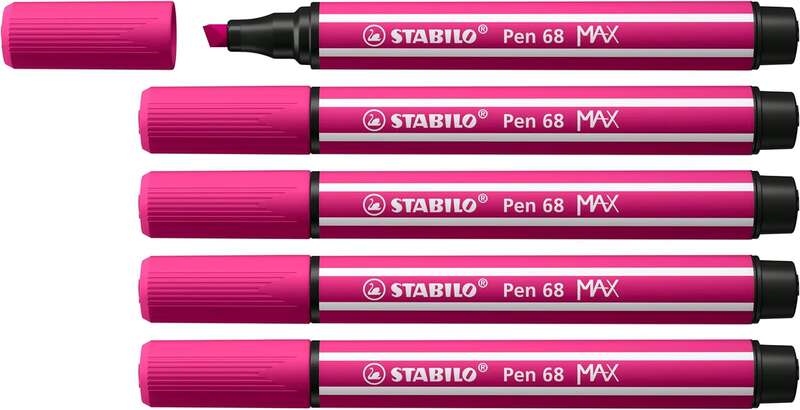 Stabilo Pen 68 MAX Rotulador - Punta de Fibra Biselada - Trazo entre 1-5mm aprox. - Tinta a Base de Agua - Color Rosa · Pack de 5 uds.