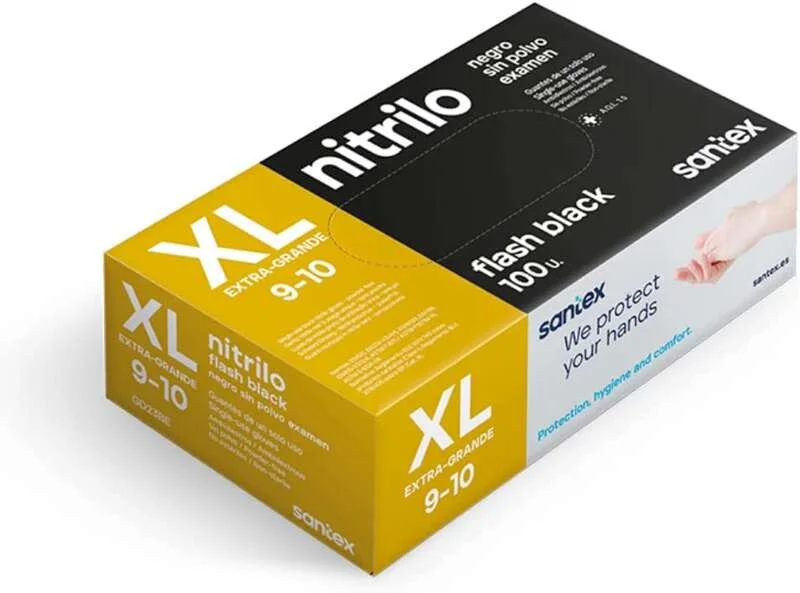 Santex Flash Black Pack de 100 Guantes de Nitrilo Talla XL - 6 gramos - Sin Polvo - Libre de Latex - No Esteriles - Color Negro