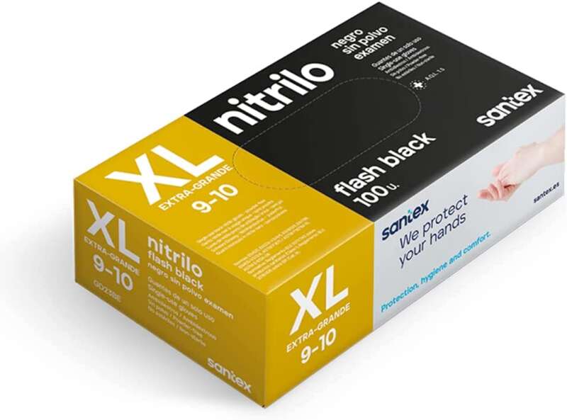 Santex Flash Black Pack de 100 Guantes de Nitrilo Talla XL - 6 gramos - Sin Polvo - Libre de Latex - No Esteriles - Color Negro