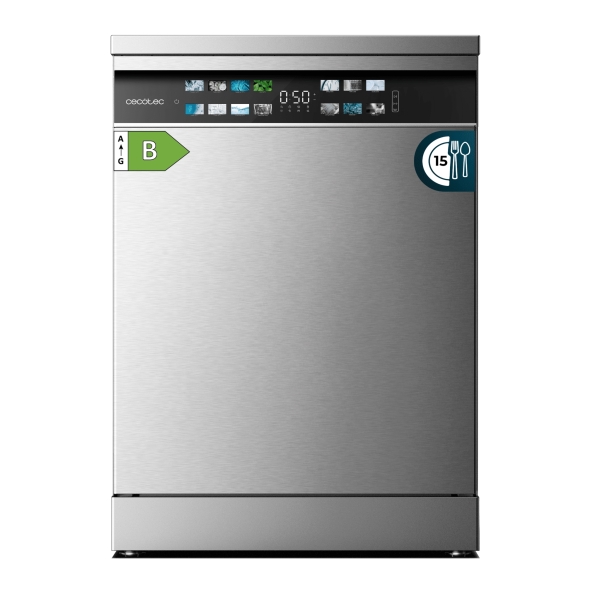 Cecotec Bolero Aguazero 6700 Inox B Lavavajillas de 60cm - 15 Cubiertos - Seguro Infantil - Pantalla XXL - 8 Programas - Motor Inverter - Inicio Programable - Funcion Media Carga - Color Acero