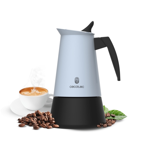 Cecotec Piccolina 900 Cafetera Italiana para 9 Tazas - Acero Inoxidable - Apta para Gas, Electrica y Vitro - Junta Hermetica de Silicona - Mango Ergonomico - Valvula de Seguridad - Color Azu
