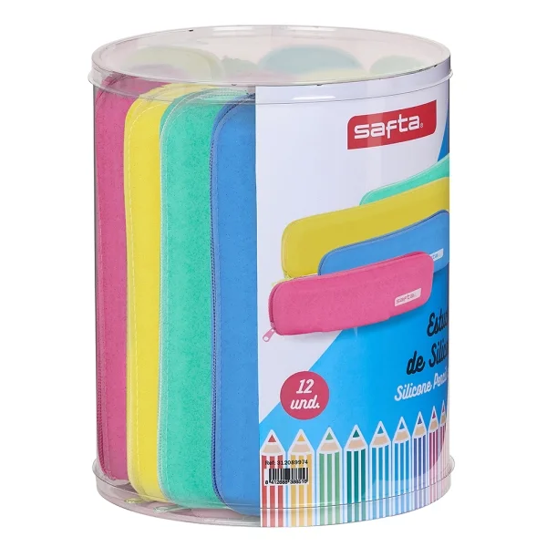 Safta Silicone Glitter Pack de 12 Estuches Planos - Caja Cilindrica de PVC Transparente - Silicona con Purpurina - Flexible - Facil de Limpiar - 170x210mm - Colores Surtidos