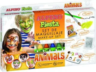 Alpino Fiesta Animales Pack de Maquillaje con 6 Barritas de Pintura Facial + Pincel + Tatuajes en Calcomania + Lapiz Perfilador y 2 Sobres de Purpurina - Se Lava con Agua - Testado Dermatolo