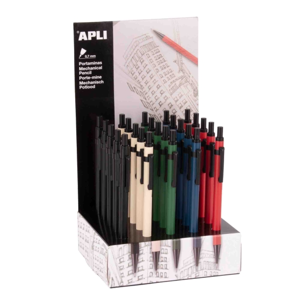 Apli Expositor con 25 Portaminas 0.7mm - Forma Hexagonal - Cuerpo de Metal - Colores Surtidos