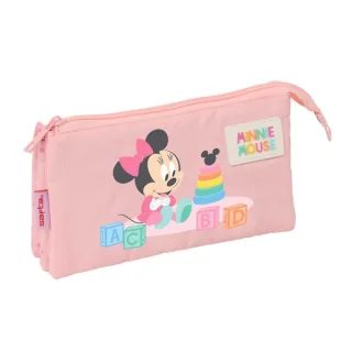 Safta Minnie Mouse Baby Portatodo - 3 Compartimentos con Cremallera - Bolsillo Interior Central - 22x12x3cm - Color Rosa Pastel