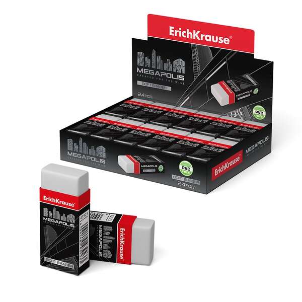Erichkrause Megapolis Goma de Borrar Suave - Fabricada de Caucho Termoplastico Hipoalergenico - Ecologica y Moderna - Envoltorio de Carton - Sin PVC - Color Blanco · Pack de 24 uds.