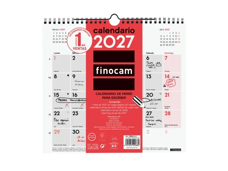 Finocam Neutro Calendario de Pared - Anual 2027 - Mes Vista - Formato M - 265x245mm - Espiral Doble - Papel de 120g/m2 - Espacio para Escribir - Color Rojo y Blanco